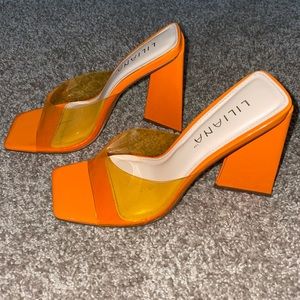 neon orange chunky heels